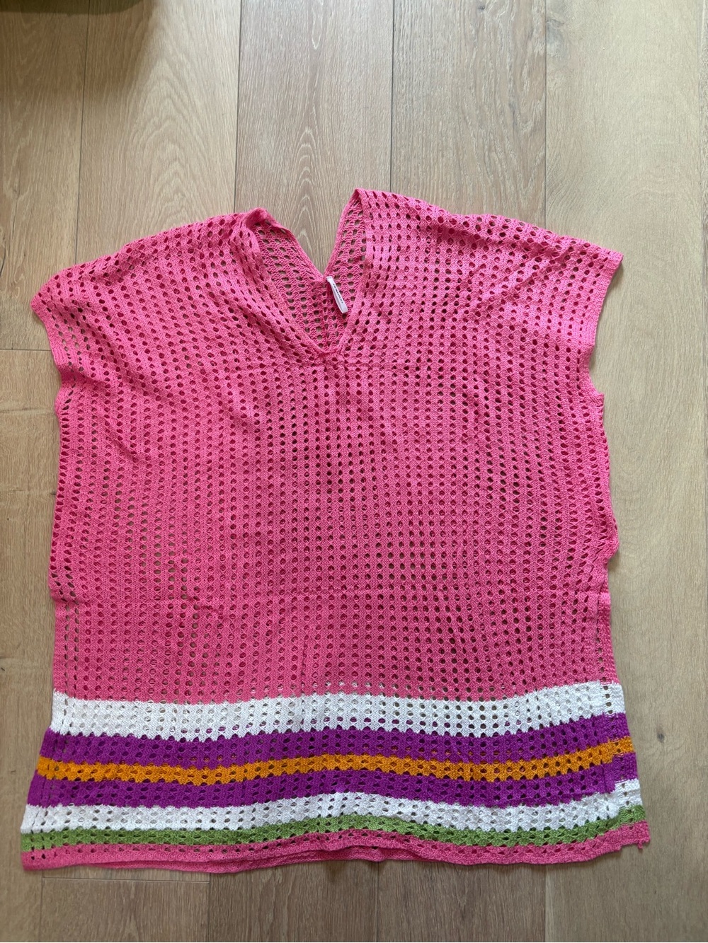 Bright Pink Crochet Tunic Coverup with Multicolor Stripe Hem